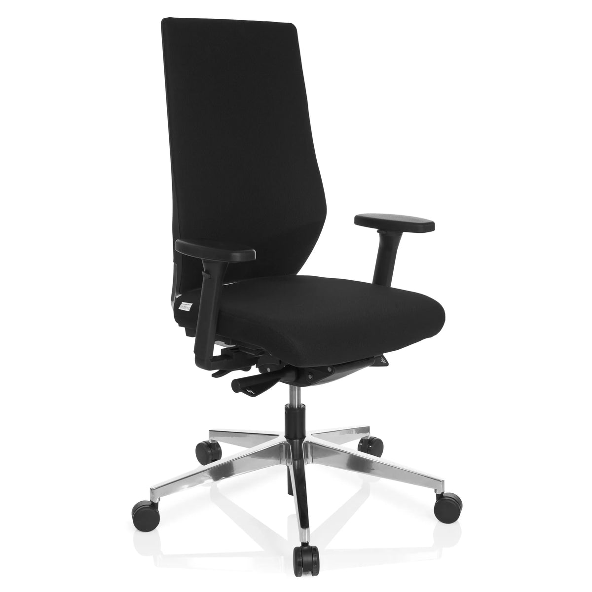 Musta Ammattitason toimistotuoli PRO-TEC 700 käsinojilla ja kiiltävällä viisipyöräisellä jalustalla, valmistaja hjh OFFICE – 360 asteen näkymä (etuviistonäkymä 40°)