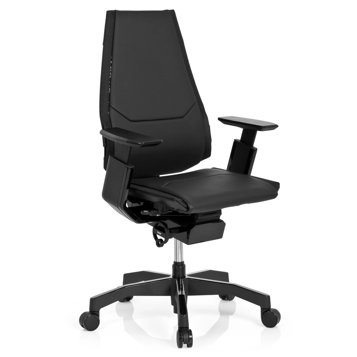Schwarzer High-End-Bürostuhl GENIDIA BLACK aus Leder mit Armlehnen und Fußkreuz mit fünf Rollen von hjh OFFICE – 360-Grad-Ansicht (schräge Frontansicht 40°)