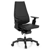 Schwarzer High-End-Bürostuhl GENIDIA BLACK aus Leder mit Armlehnen und Fußkreuz mit fünf Rollen von hjh OFFICE – 360-Grad-Ansicht (schräge Frontansicht 40°)
