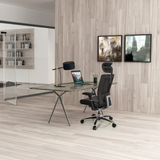Musta ammattitason toimistotuoli NOVA nahasta työpöydän ääressä modernisti sisustetussa toimistossa, valmistaja hjh OFFICE