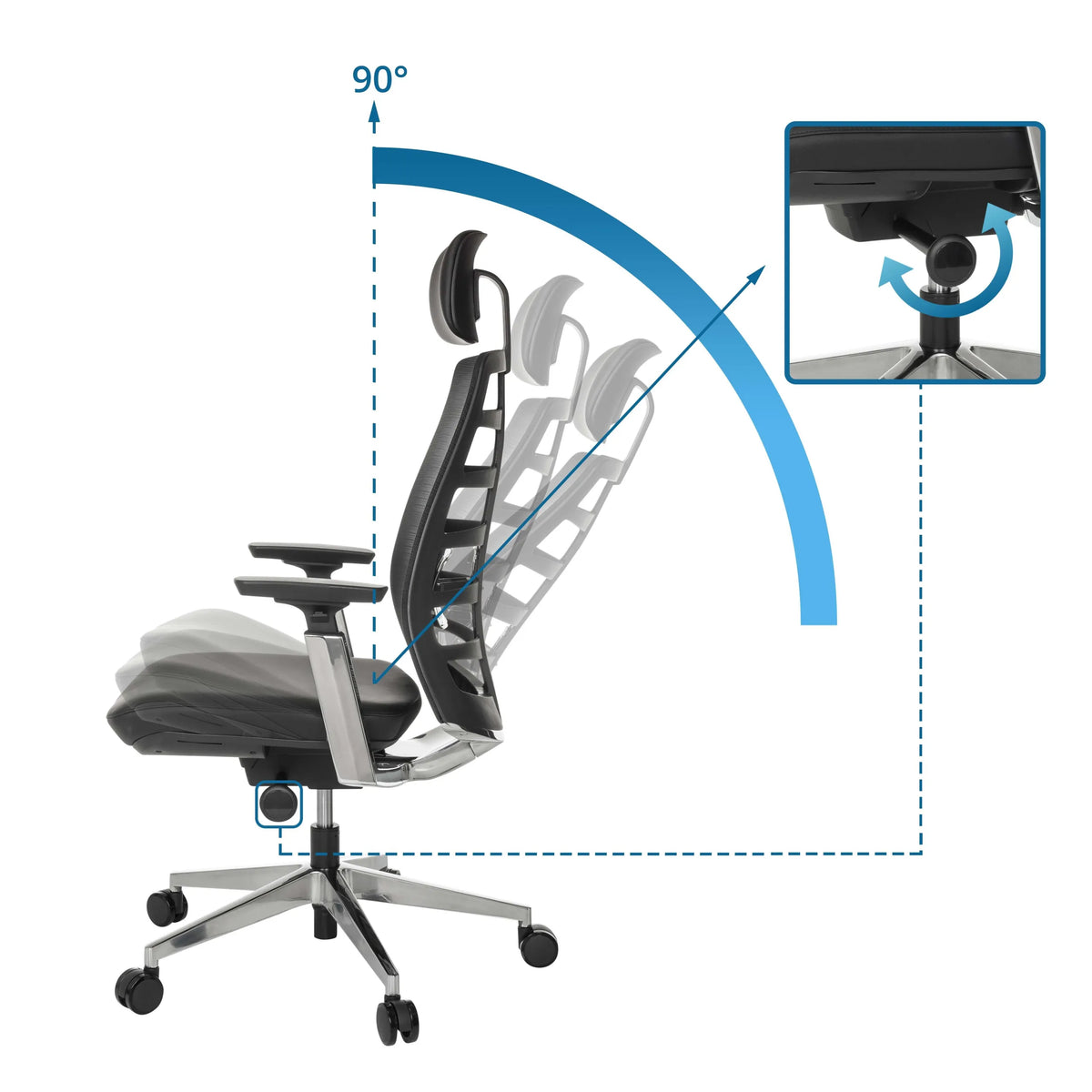 High End -toimistotuoli SPINIO ELITE L-tuolin 90 asteen säädettävä kallistusmekanismi, valmistaja hjh OFFICE