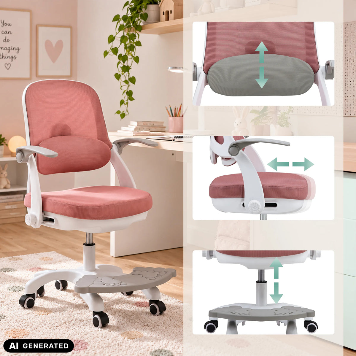 Kiddy Smart Step-lasten pyörivän tuolin säädettävä selkänoja, käsinoja ja istuinkorkeus, valmistaja hjh OFFICE (tekoälyllä luotu kuva)
