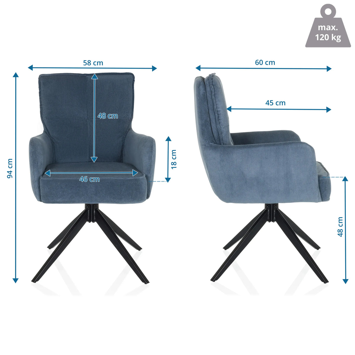 Pehmustettu tuoli TARUGO mittojen piirustus, kokonaiskorkeus 94 cm ja leveys 58 cm, valmistaja hjh LIVING