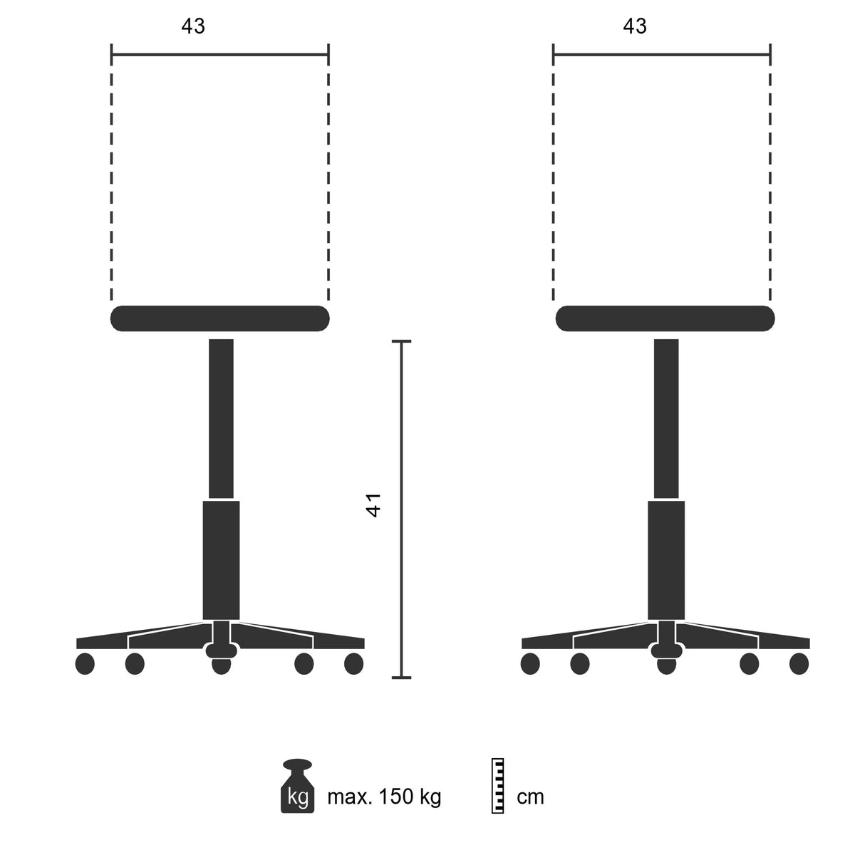 Porrasjakkara TIO-M II tekninen piirustus, mitat 43 × 41 cm ja max. 150 kg kantavuus, valmistaja hjh OFFICE
