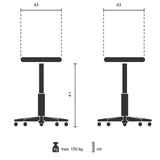 Porrasjakkara TIO-M II tekninen piirustus, mitat 43 × 41 cm ja max. 150 kg kantavuus, valmistaja hjh OFFICE