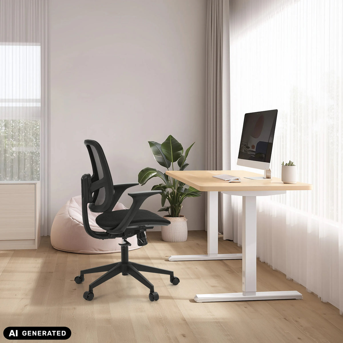 Home Office -toimistotuoli Malio mustana korkeussäädettävän työpöydän ääressä, valmistaja hjh OFFICE (tekoälyllä luotu kuva)