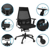 Ammattitason toimistotuoli GENIDIA SMART BLACK CM, musta, verkkoselkänoja ja useita säätömahdollisuuksia, valmistaja hjh OFFICE