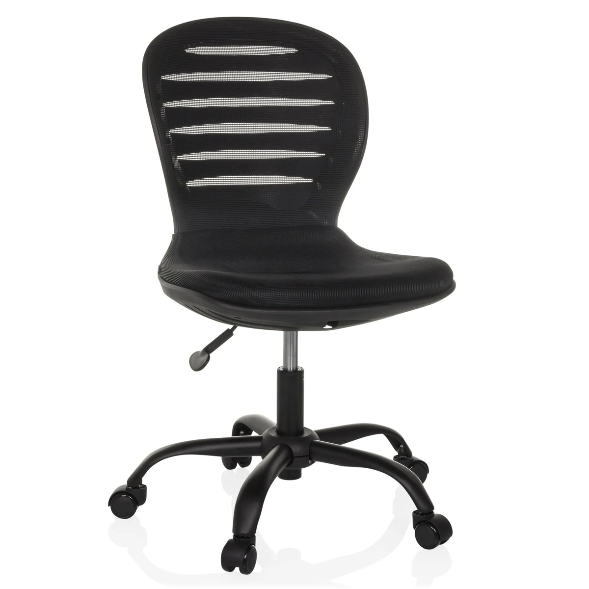Musta Home Office -toimistotuoli CASLA verkkoselkänojalla ja viisisakaraisella rullajalustalla, valmistaja hjh OFFICE – 360 asteen näkymä (etunäkymä 15°)
