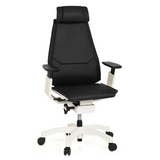 Musta High End -toimistotuoli GENIDIA PRO WHITE nahasta, jossa on valkoinen jalkaristi ja viisi pyörää, valmistaja hjh OFFICE – 360 asteen näkymä (etunäkymä 20°)