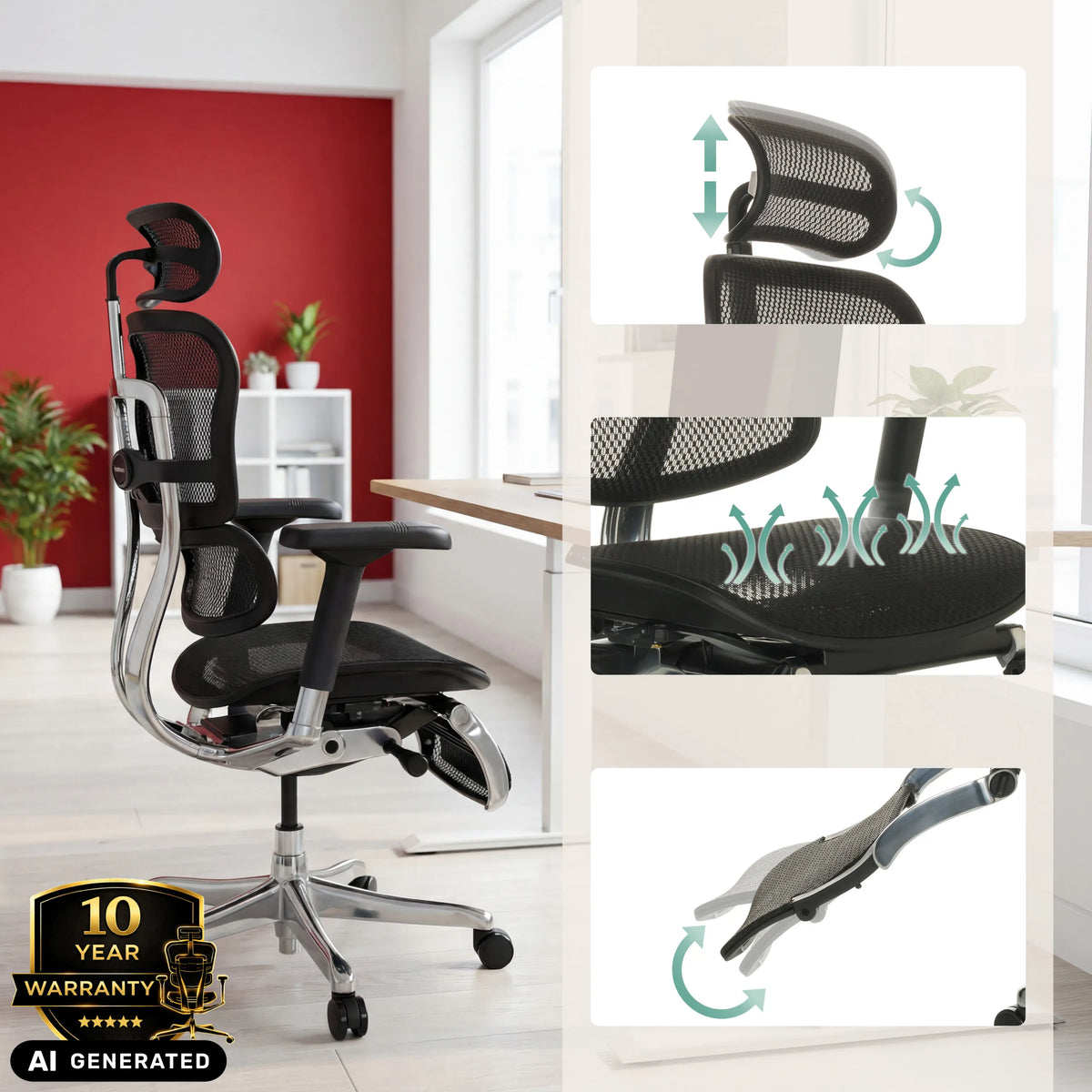 ERGOHUMAN PLUS LEGPRO GEN2-luksustoimistotuolin säädettävä niskatuki ja verkkokangas, valmistaja hjh OFFICE (tekoälyllä luotu kuva)