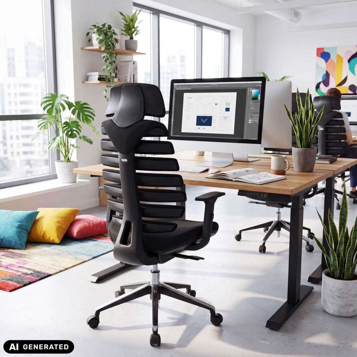 Schwarzer Profi-Bürostuhl ERGO LINE II PRO mit Netzrückenlehne im modernen Büro von hjh OFFICE (KI-generiertes Bild)