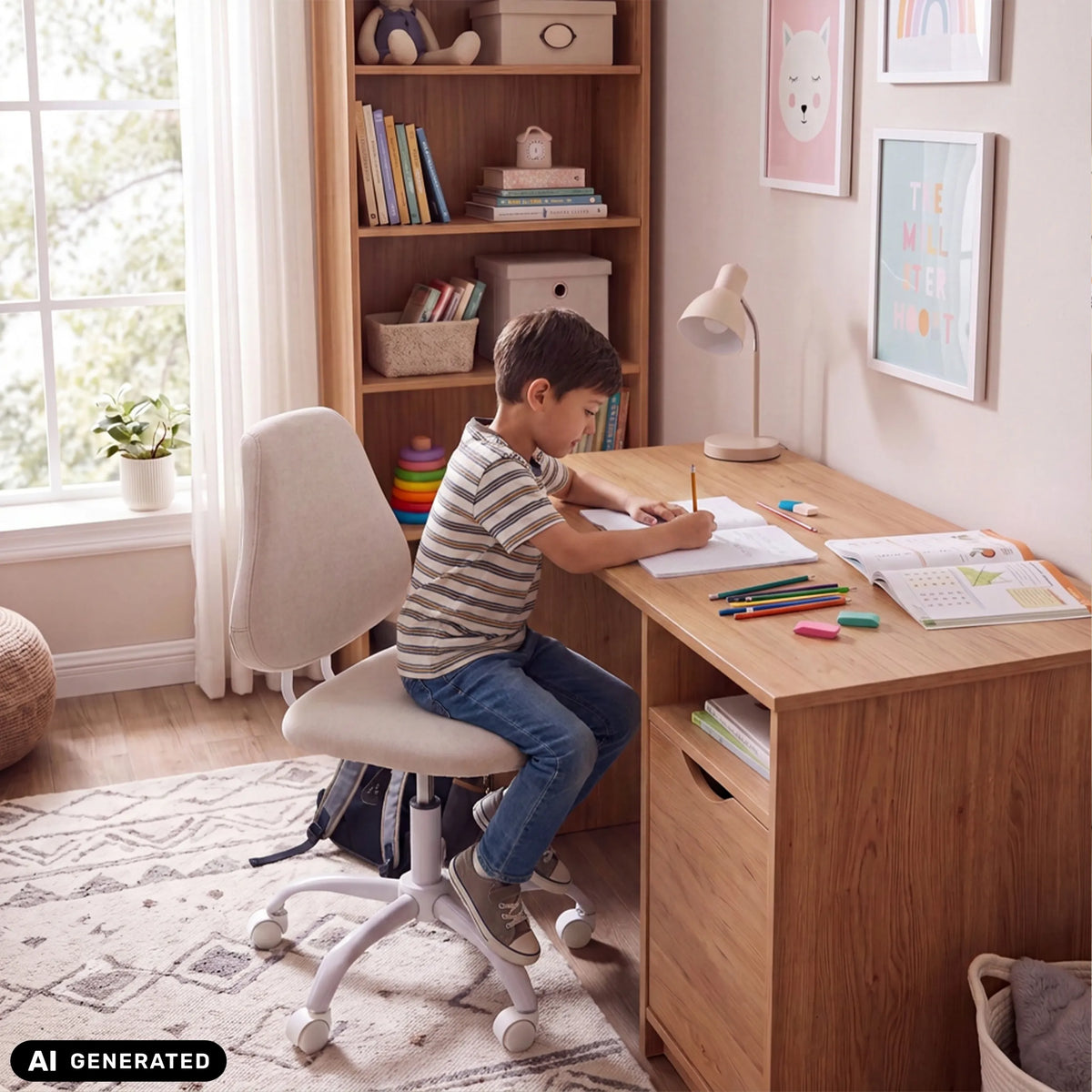 Beige Lumikid lasten pyörivä tuoli työpöydän ääressä, valmistaja hjh OFFICE (tekoälyllä luotu kuva)