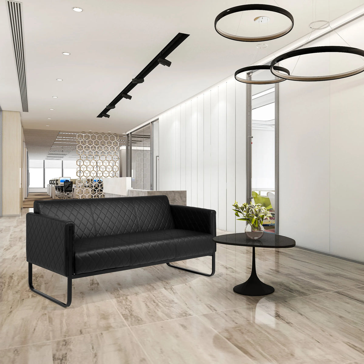 Musta 3-istuttava leposohva ARUBA BLACK tikkailla verhoilulla ja kapeilla metallijaloilla, valmistaja hjh OFFICE