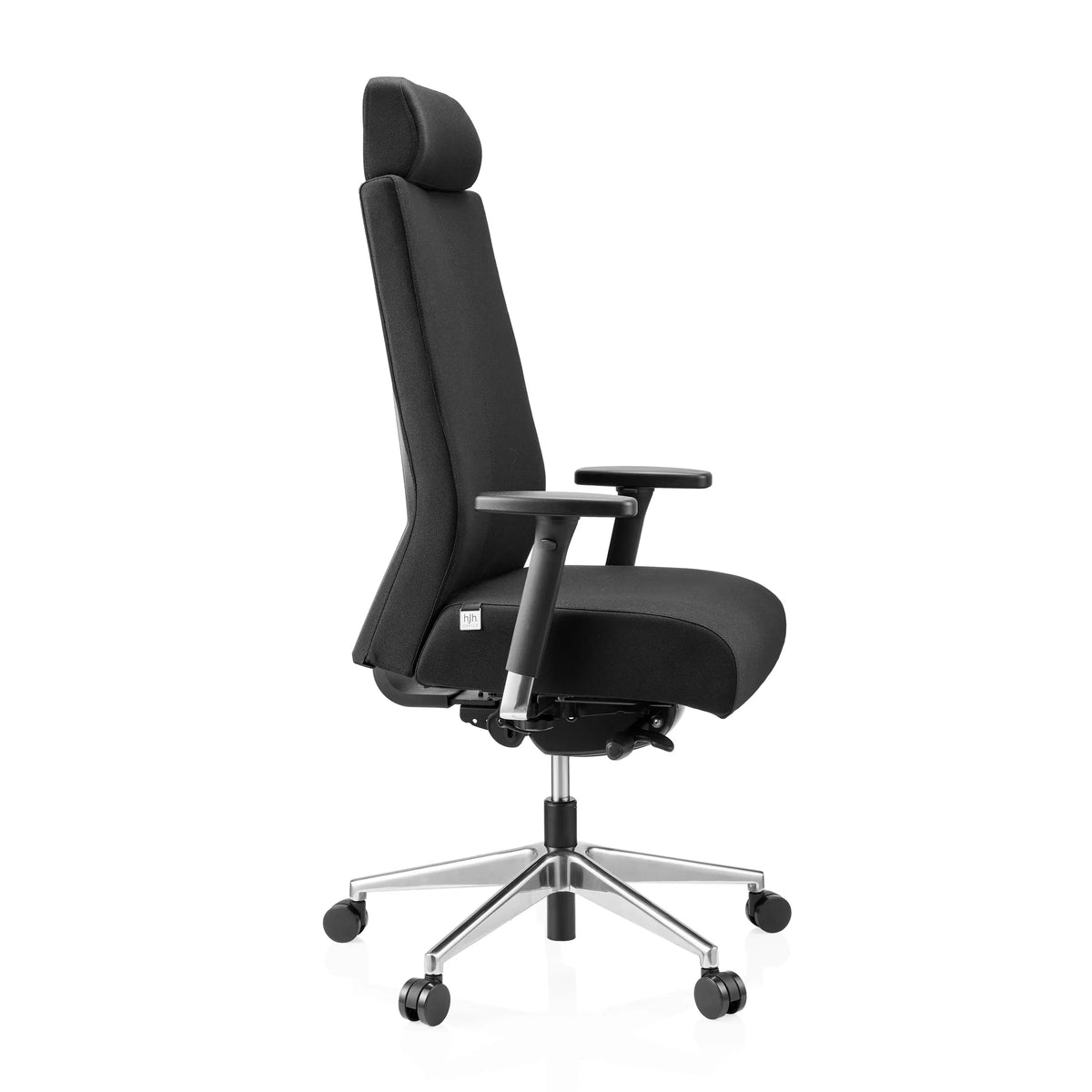 Musta Ammattitason toimistotuoli PRO-TEC XXL kangasverhoilulla, niskatuella ja viisipisteisellä rullajalalla, valmistaja hjh OFFICE – 360 asteen näkymä (sivuprofiili 75°)