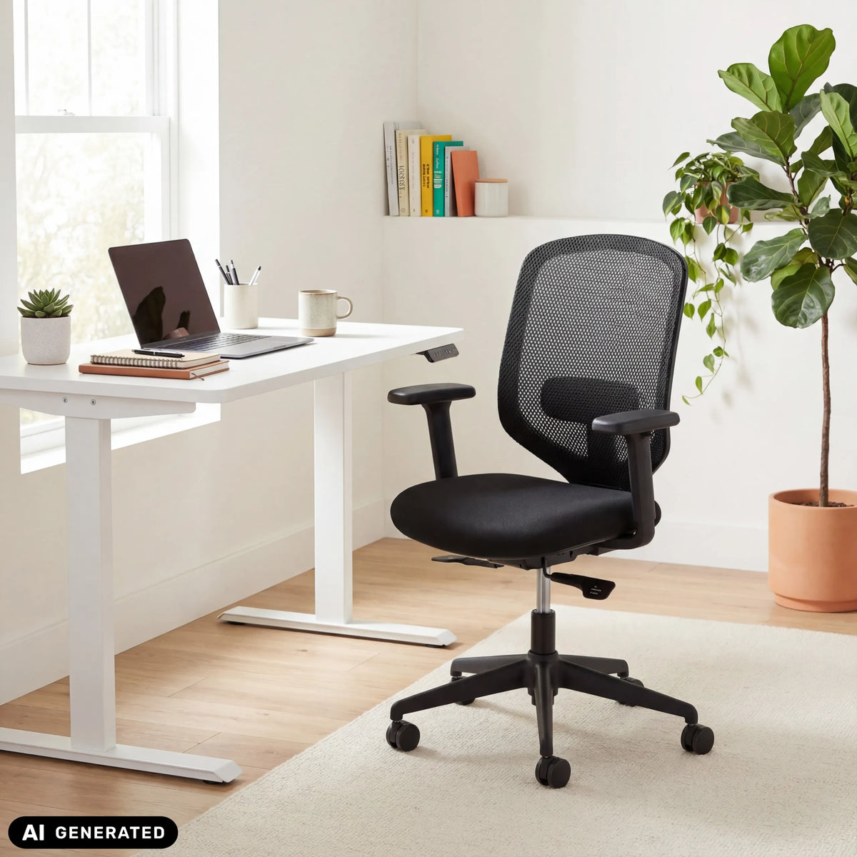 Musta ammattitason toimistotuoli Delvia verkkoselkänojalla valkoisen työpöydän ääressä, valmistaja hjh OFFICE (tekoälyllä luotu kuva)