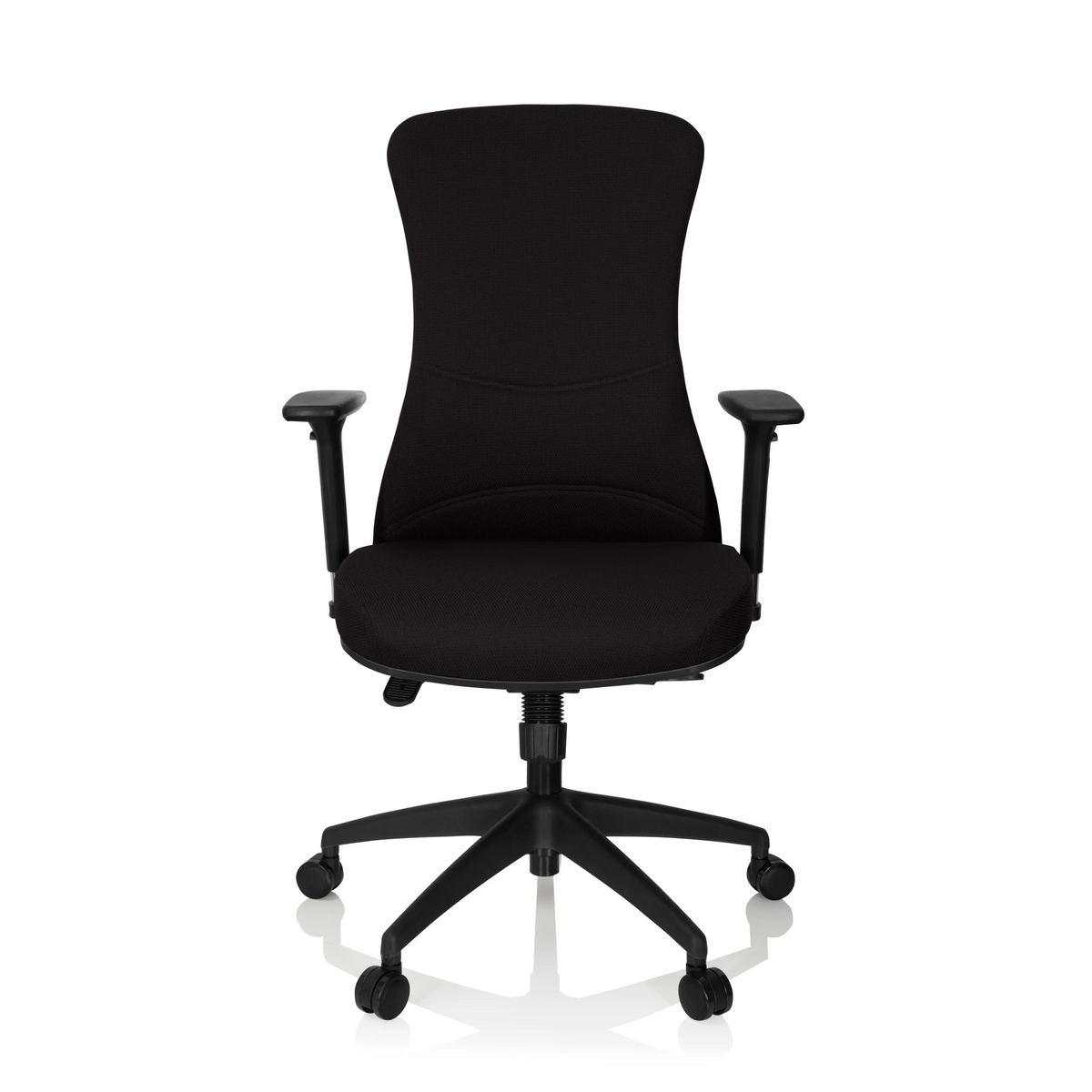 Musta Ammattitason toimistotuoli OFFICE XT PRO käsinojilla ja viisipisteisellä rulla-alustalla, valmistaja hjh OFFICE – 360 asteen näkymä (etunäkymä 0°)