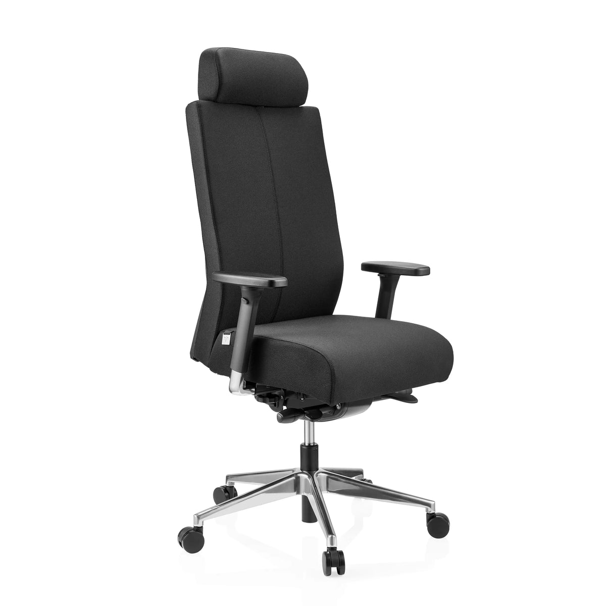 Musta Ammattitason toimistotuoli PRO-TEC XXL kangasverhoilulla, niskatuella ja viisipisteisellä rullajalalla, valmistaja hjh OFFICE – 360 asteen näkymä (etuviistonäkymä 45°)