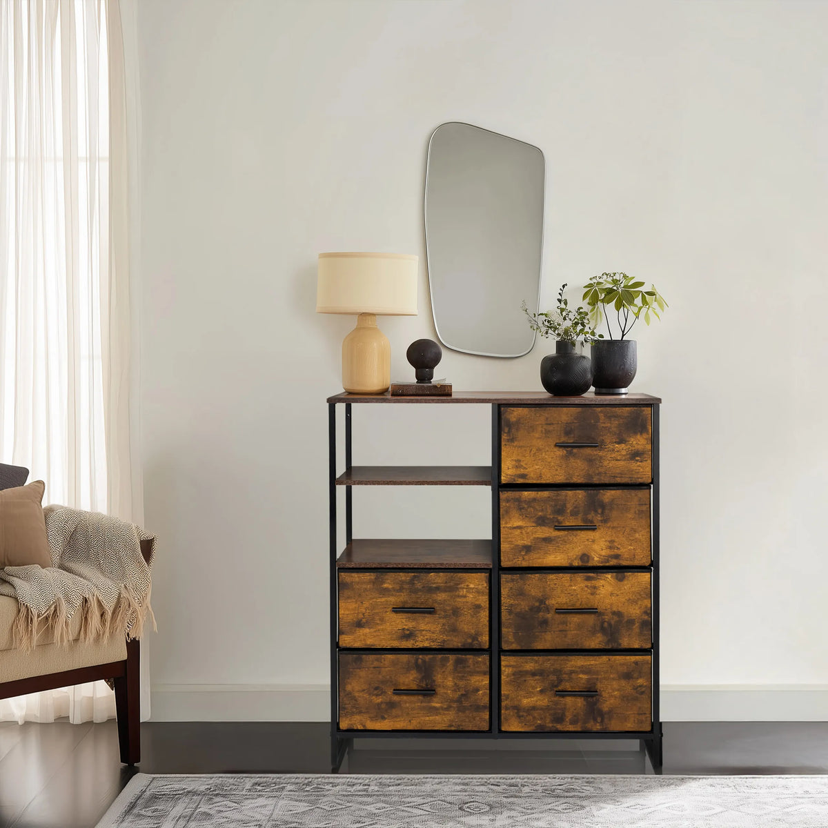 Kommode RAGALA in Räuchereiche mit sechs Schubladen und offenen Ablagefächern von hjh LIVING