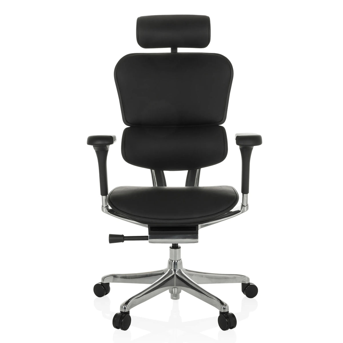 Musta Luksustoimistotuoli ERGOHUMAN GEN2 nahasta, jossa on niskatuki ja viisipisteinen rullajalka, valmistaja hjh OFFICE – 360 asteen näkymä (etunäkymä 0°)