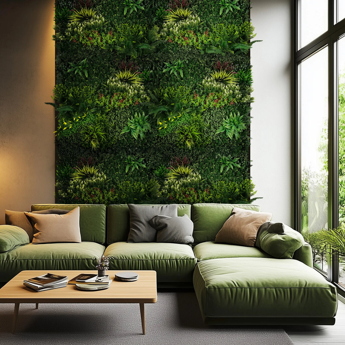 Vihreä kasvimatto LEAFLUXE 3D pystysuorana seinäkasvillisuutena asuintilassa, valmistaja hjh LIVING