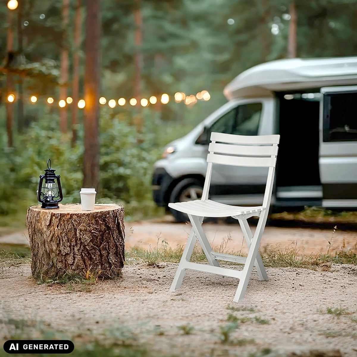 Valkoinen TRAVANO -ulkotuoli metsäympäristössä matkailuauton vieressä, valmistaja hjh LIVING (tekoälyllä luotu kuva)