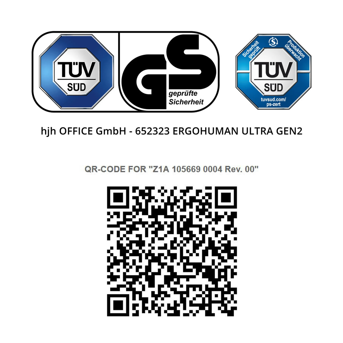 TÜV SÜD GS geprüfte Sicherheit hjh OFFICE GmbH - 652323 ERGOHUMAN ULTRA GEN2 QR-CODE FOR "Z1A 105669 0004 Rev. 00"