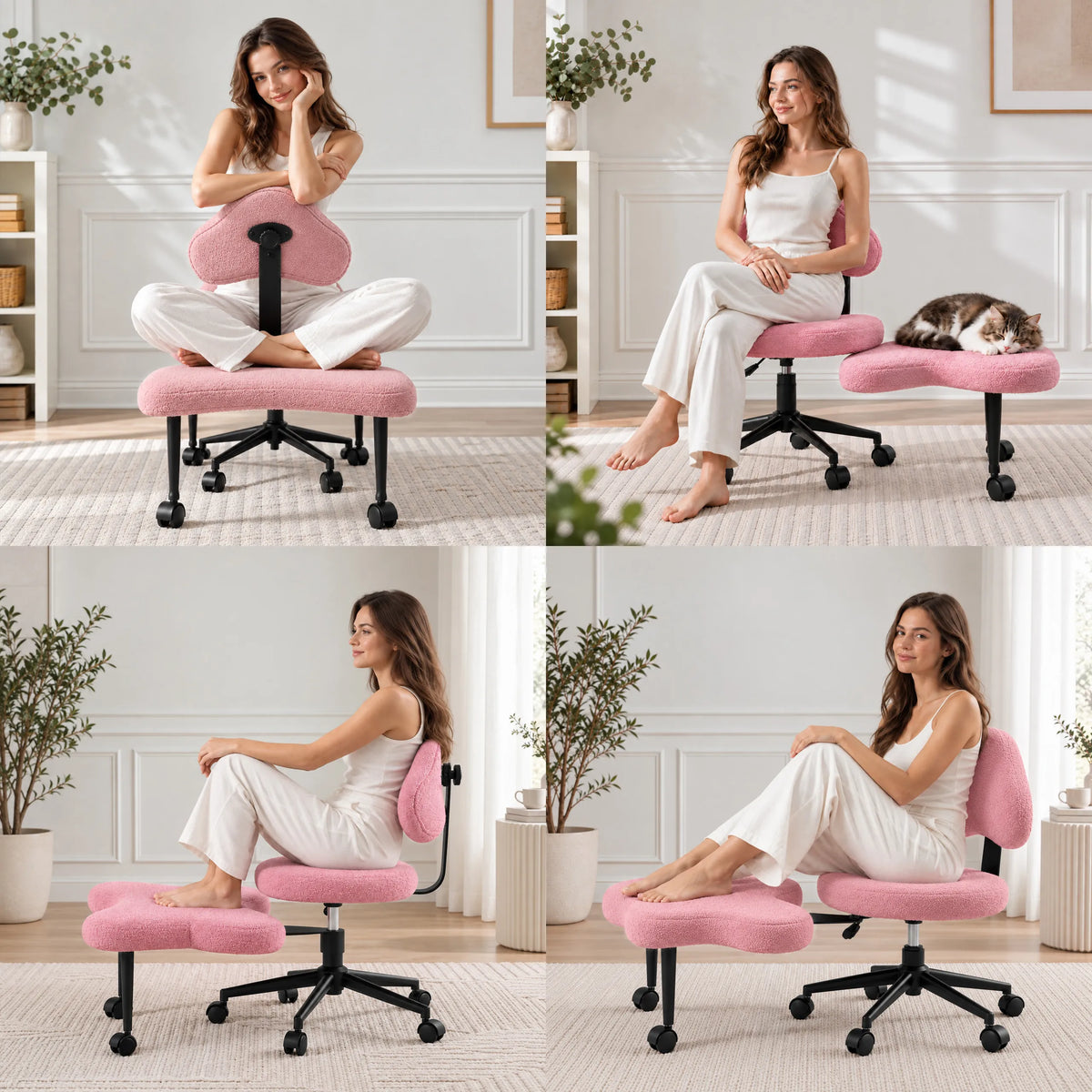 Rosa Meditationsstuhl Asanasit mit Rückenlehne und Fußstütze in vier verschiedenen Sitzpositionen von hjh LIVING