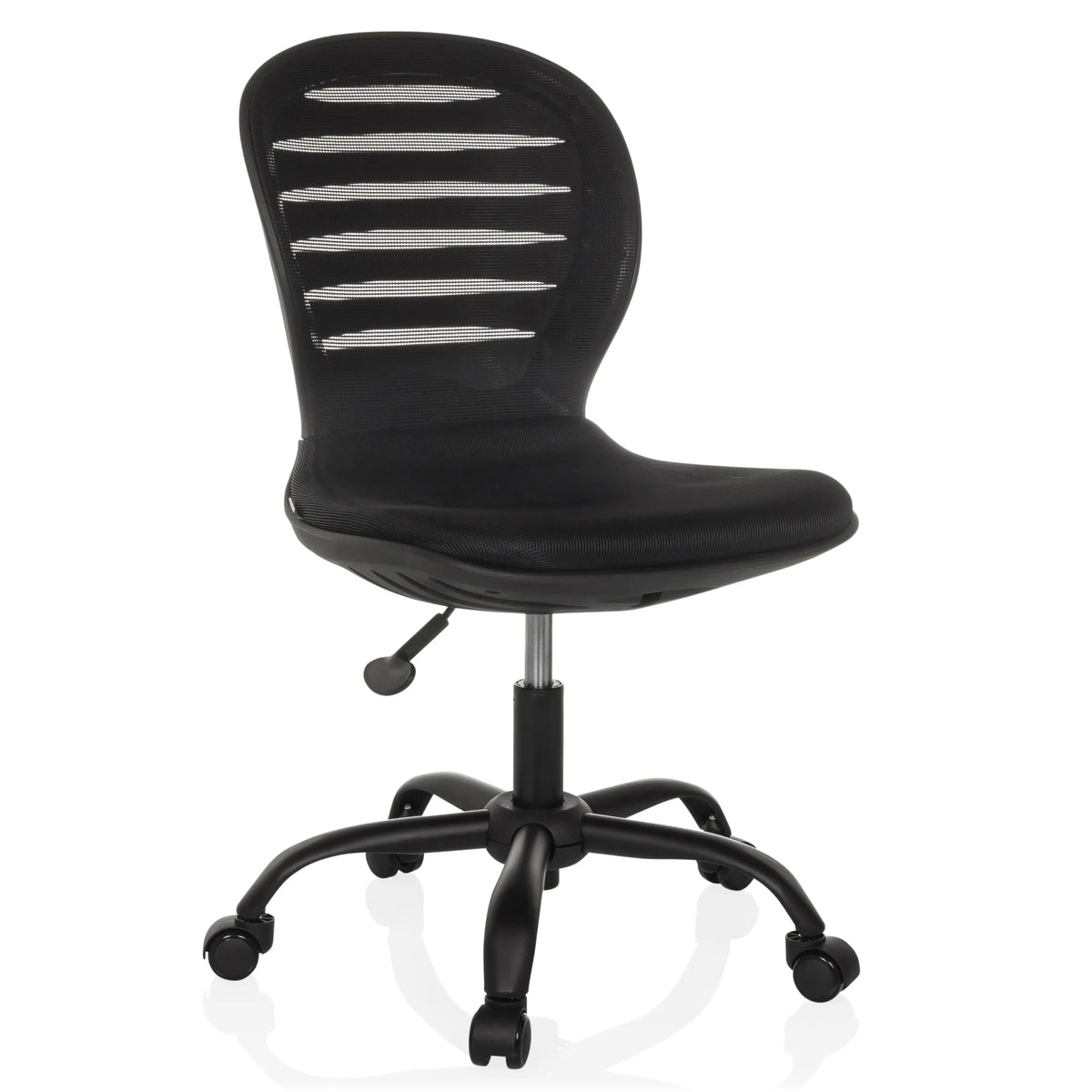 Musta Home Office -toimistotuoli CASLA verkkoselkänojalla ja viisisakaraisella rullajalustalla, valmistaja hjh OFFICE – 360 asteen näkymä (etuviistonäkymä 30°)