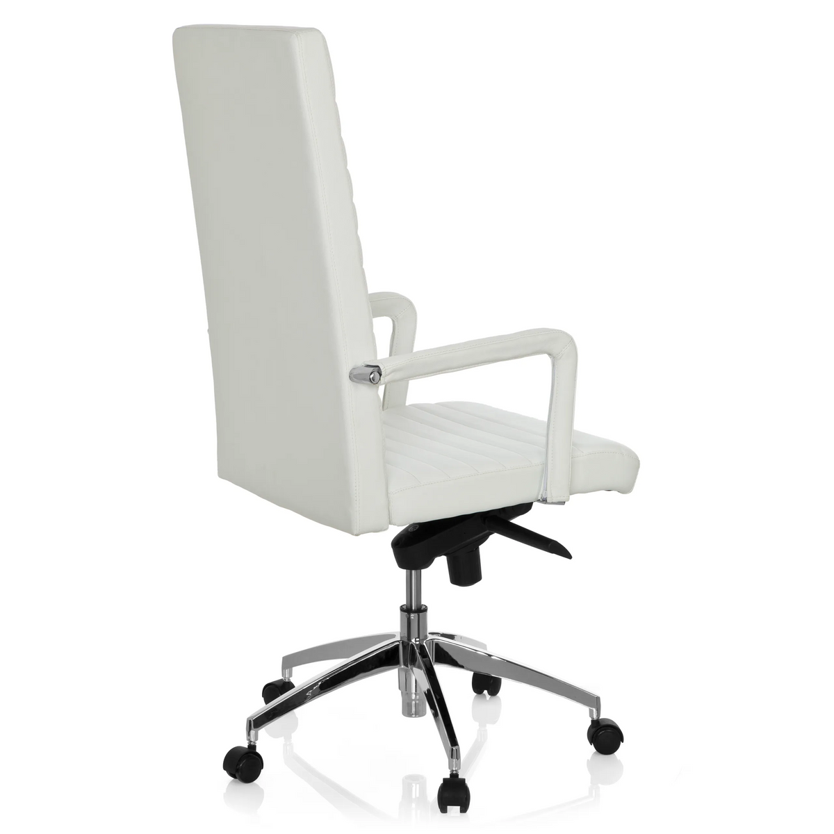 Valkoinen Ammattitason toimistotuoli LENGA poikkitikkauksilla ja viisipyöräisellä jalustalla, valmistaja hjh OFFICE – 360 asteen näkymä (takaviistonäkymä 120°)