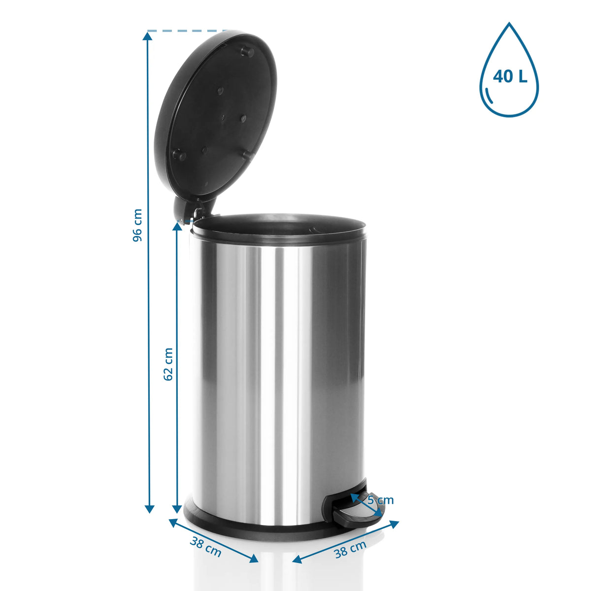 Roskakori CLEAN X mittapiirustus, tilavuus 40 l ja korkeus 96 cm, valmistaja hjh OFFICE