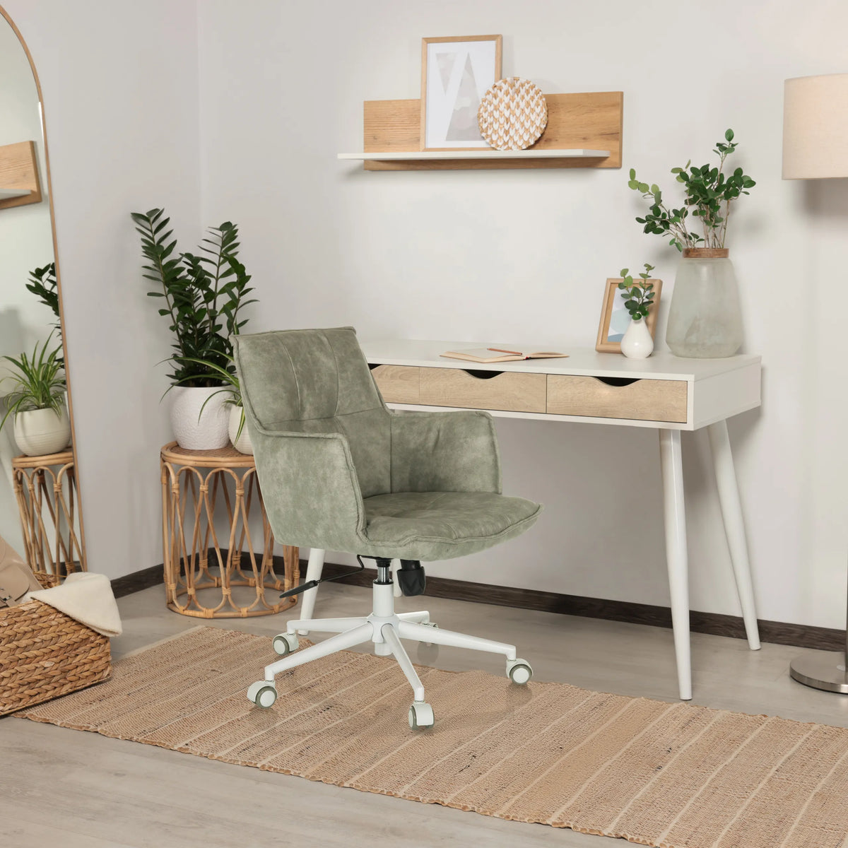 Harmaa Home Office -toimistotuoli SOLAO LIFE W kangasverhoilulla ja valkoisella ristikojalalla pyörillä, valmistaja hjh LIVING