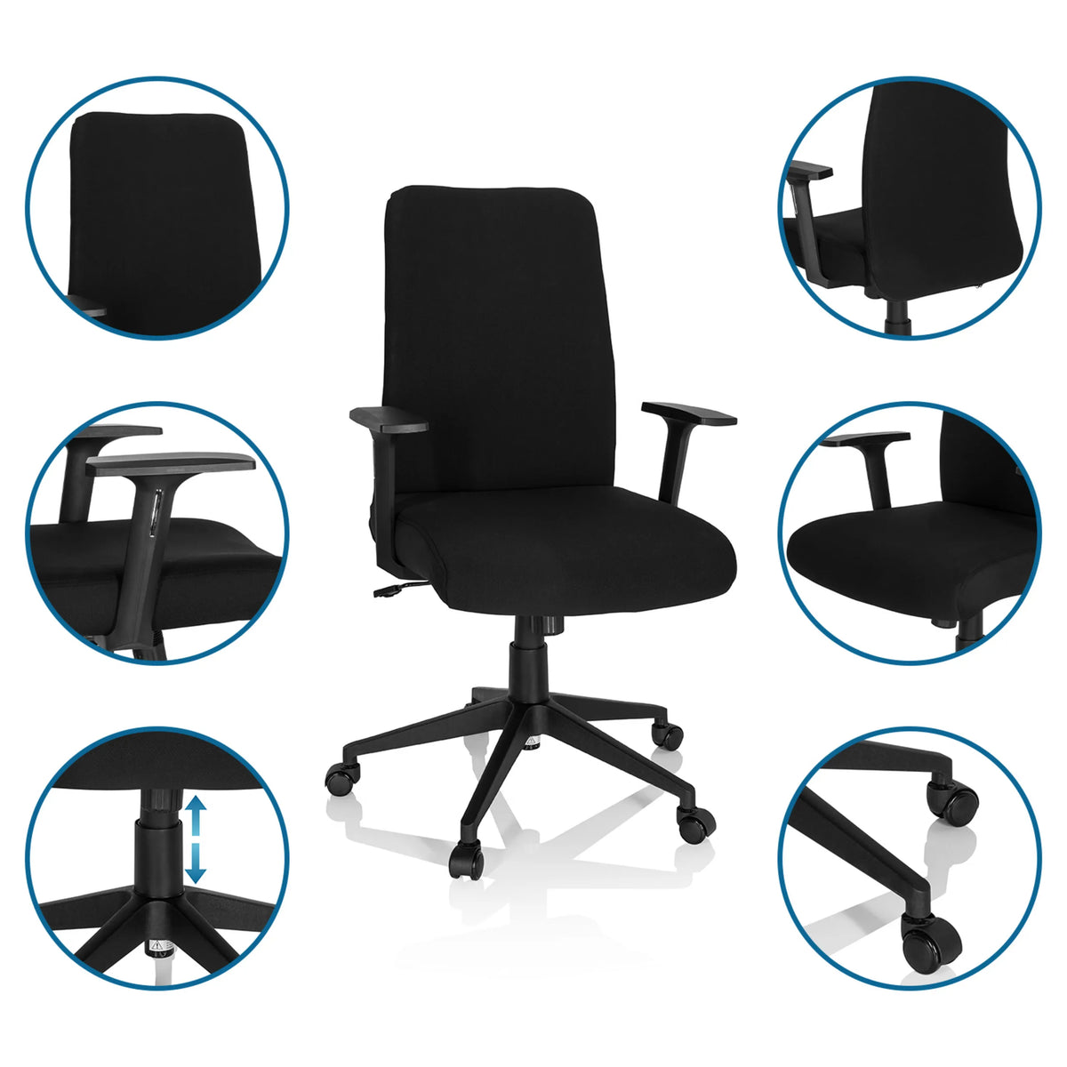 Musta Home Office -toimistotuoli COSIO I, jossa on käsinojat, pyörät ja kaasujousi, valmistaja hjh OFFICE