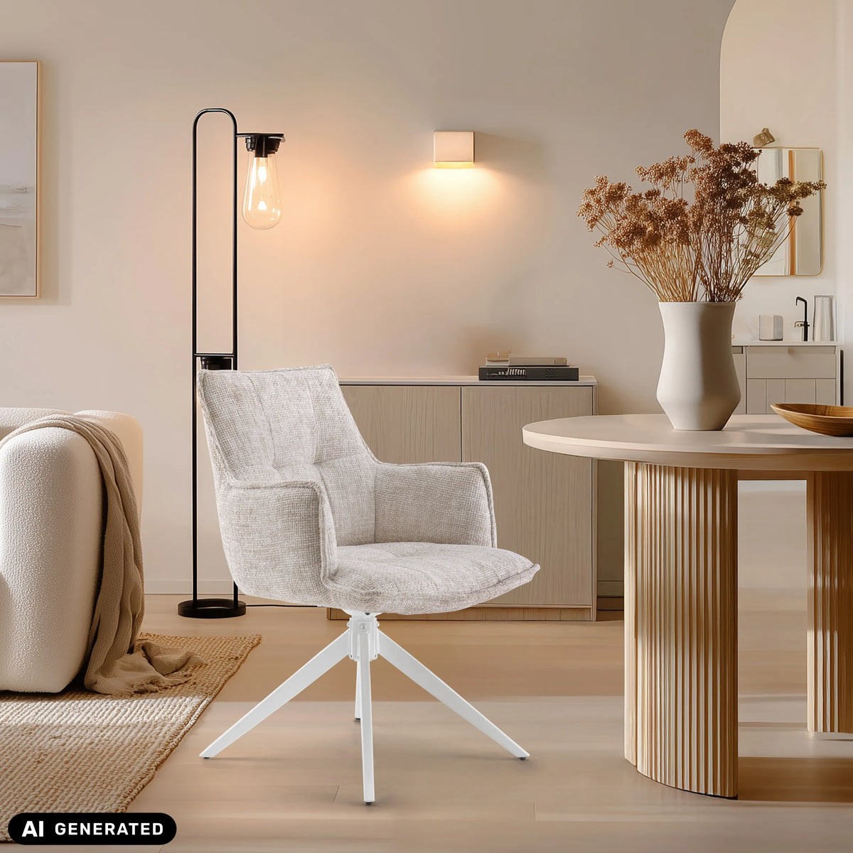 Beige Tavaro ruokasalin tuoli, jossa on valkoinen tähtijalka, valmistaja hjh LIVING (tekoälyllä luotu kuva)