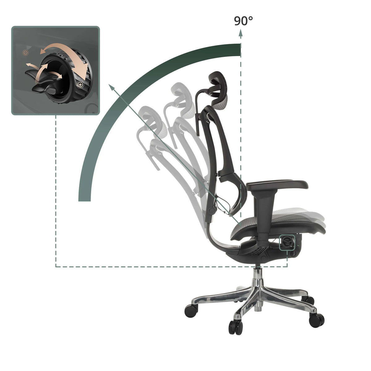Luksustoimistotuoli ERGOHUMAN SLIM ULTRA GEN2:n säädettävä selkänoja, jonka kallistuskulma on 90°, valmistaja hjh OFFICE