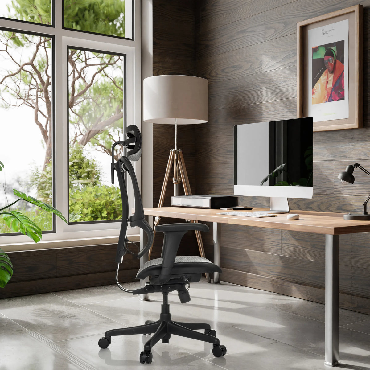 Luksustoimistotuoli ERGOHUMAN SLIM ECO M GEN2 verkkoselkänojalla ja käsinojilla modernissa kotitoimistossa, valmistaja hjh OFFICE