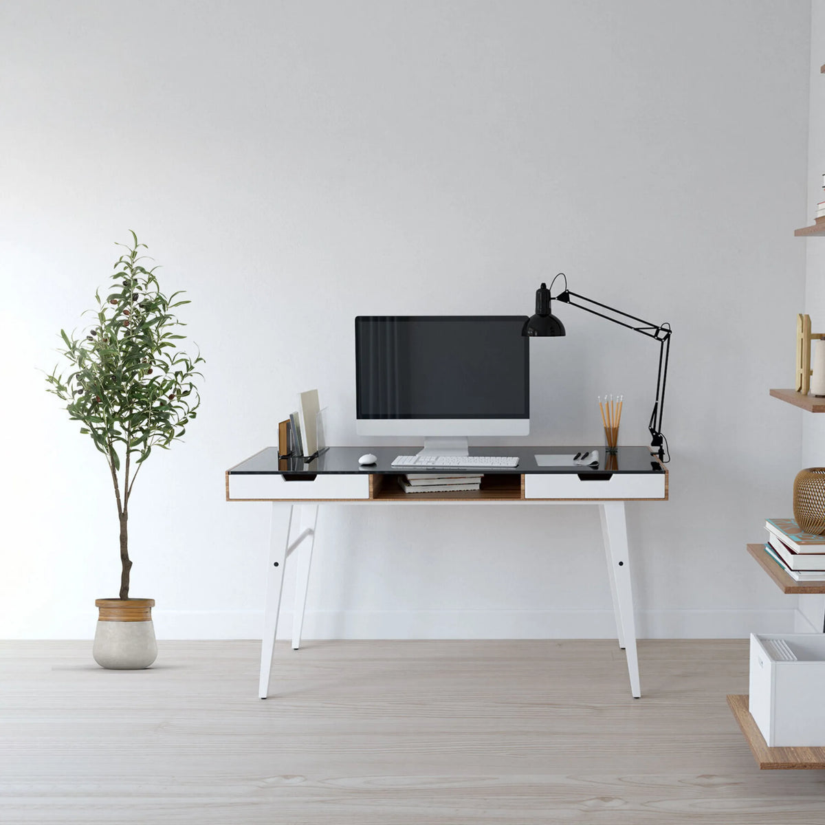 Tekokasvi OLIVE vihreänä valkoisessa ruukussa, valmistaja hjh OFFICE