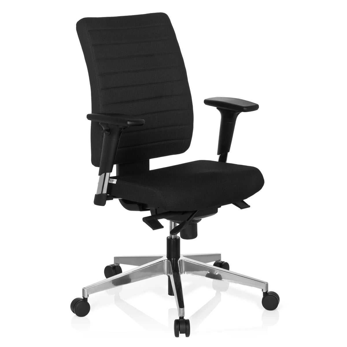 Musta Ammattitason toimistotuoli PRO-TEC 350 käsinojilla ja hopeisella viisipyöräisellä jalustalla, valmistaja hjh OFFICE – 360 asteen näkymä (etuviistonäkymä 40°)