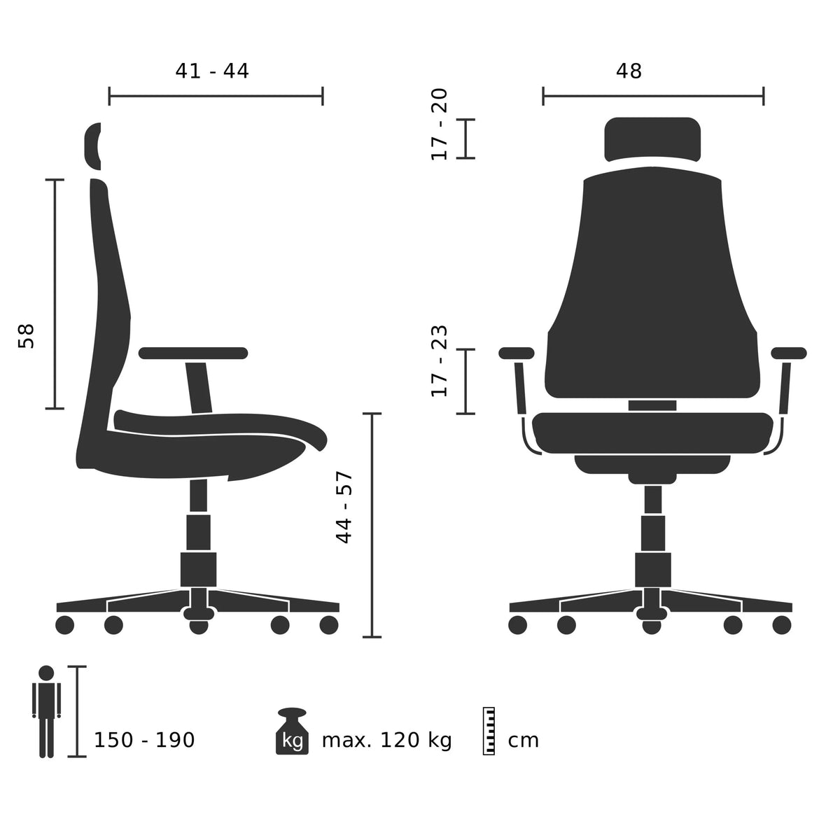 High End -toimistotuoli POFIT GEN2 tekninen piirustus, enimmäiskuormitus 120 kg, valmistaja hjh OFFICE