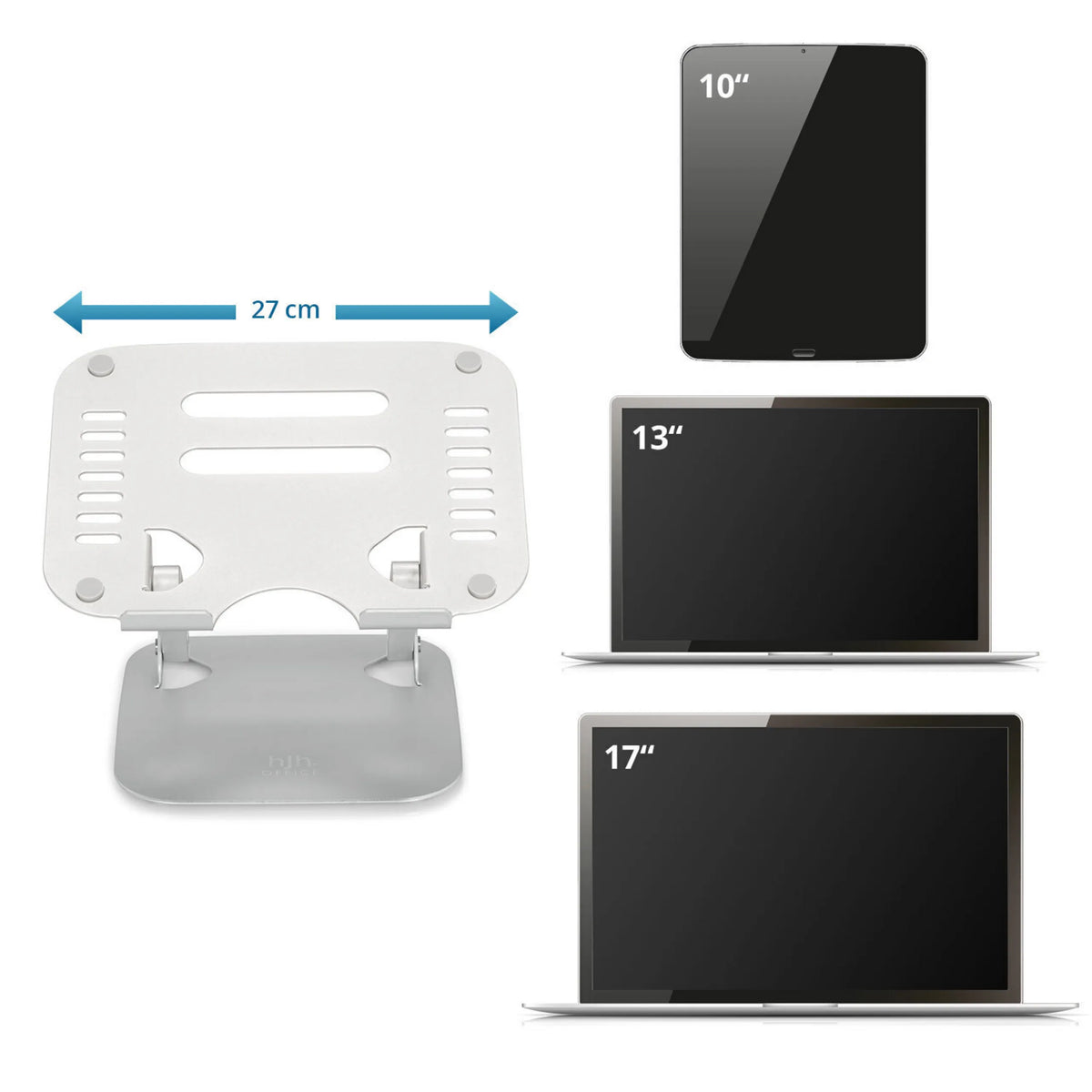 Kannettavan tietokoneen alusta LAPTOP STAND, hopea, leveys 27 cm, sopii 10–17 tuuman laitteille, valmistaja hjh OFFICE
