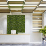 Vihreä kasvimatto MORE GREEN I pystysuorana viherseinänä vaalealla betoniseinällä vastaanottotilassa, valmistaja hjh OFFICE
