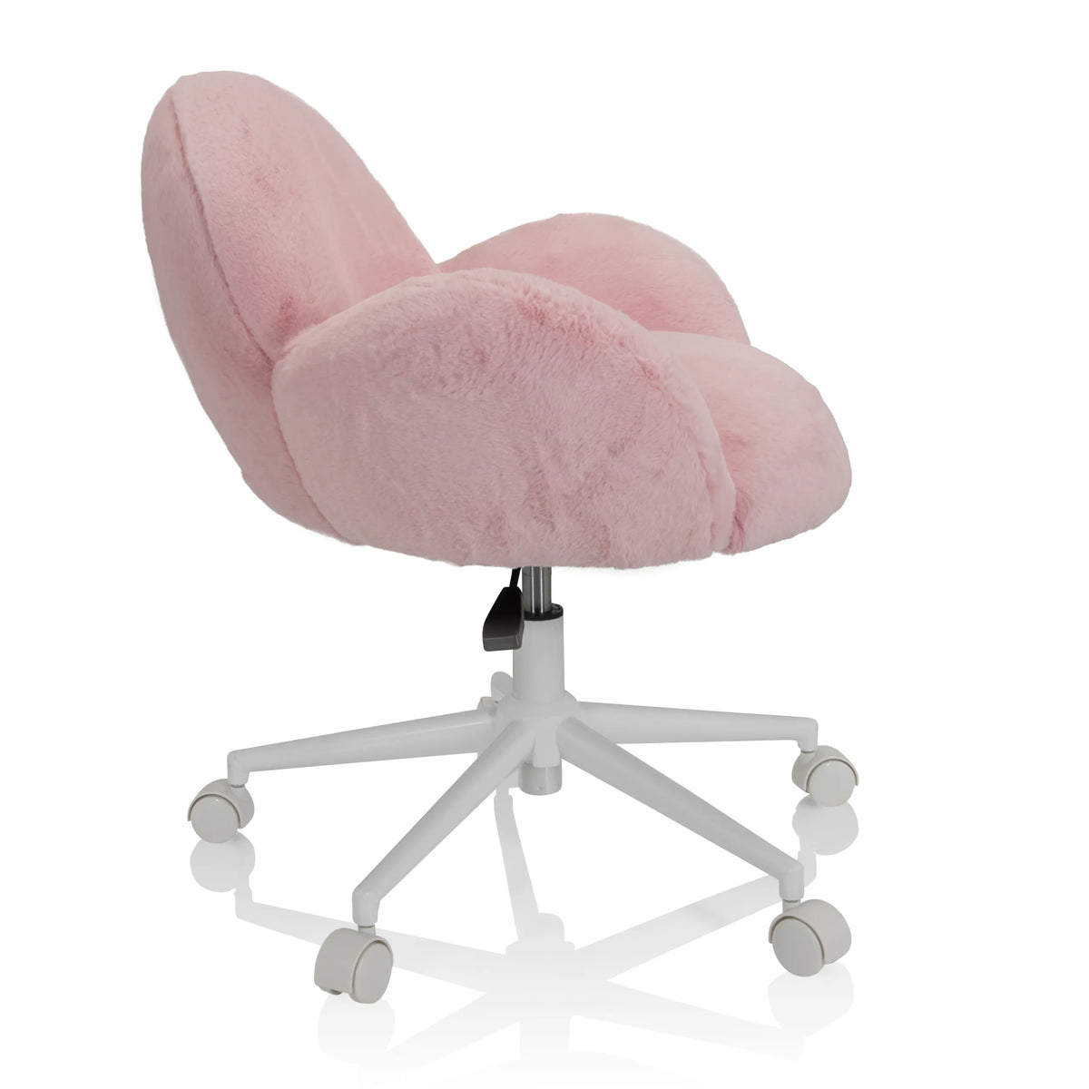 Vaaleanpunainen Lasten pyörivä tuoli KID TEDDY, pörröinen päällinen, valkoinen viisipyöräinen jalka, valmistaja hjh OFFICE – 360 asteen näkymä (sivuprofiili 80°)