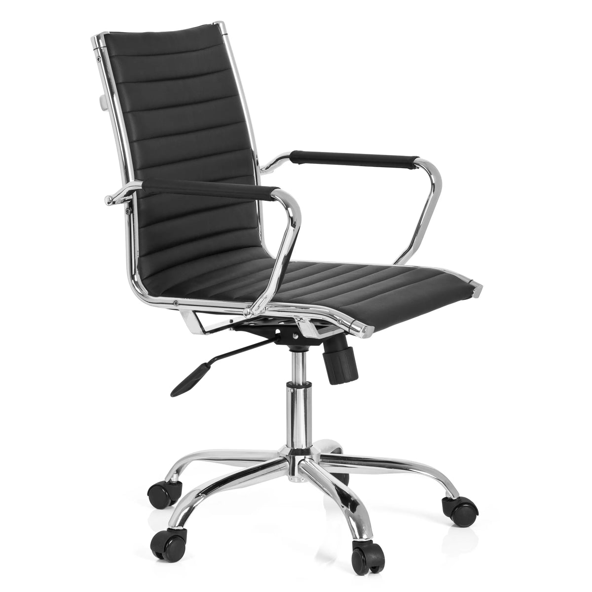 Musta Ammattitason toimistotuoli VEMONA 10 vaakatikkauksella ja viisijalkaisella rullajalustalla, valmistaja hjh OFFICE – 360 asteen näkymä (etuviistonäkymä 60°)
