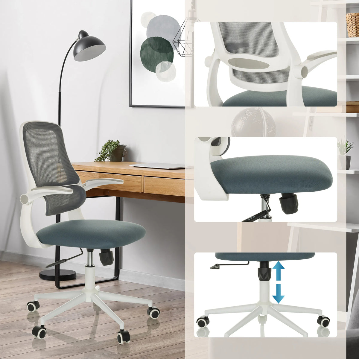 Home Office -toimistotuoli MIKO W ECO harmaana verkkoselkätuella, säädettävällä istuinkorkeudella ja pyörillä, valmistaja hjh OFFICE