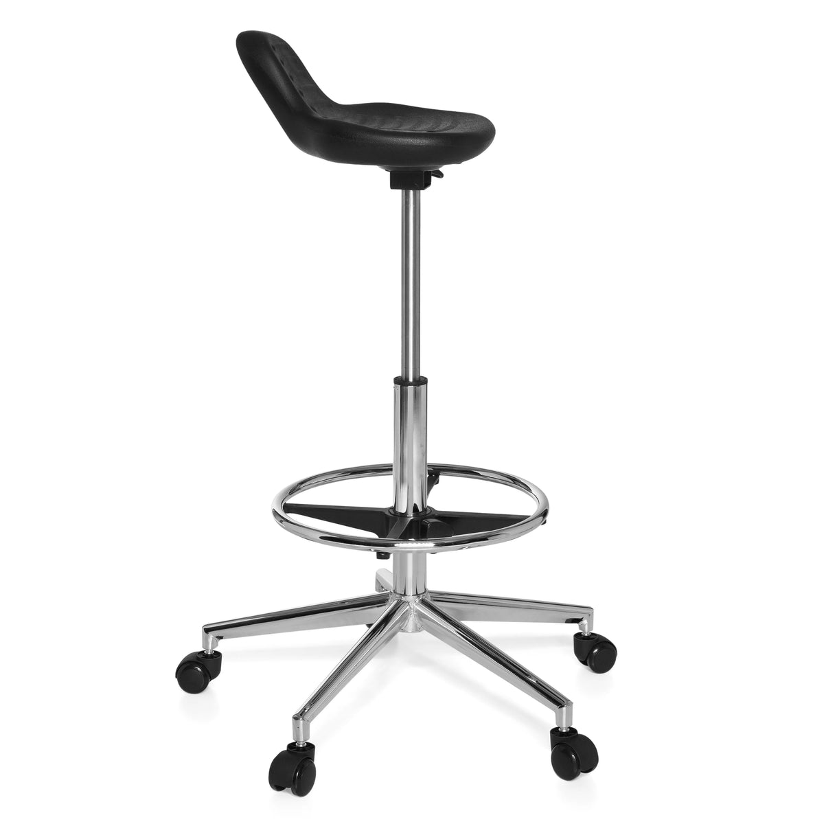 Musta Pyörivät jakkarat TOP WORK 03, jossa on jalkarengas ja viisipyöräinen jalka, valmistaja hjh OFFICE – 360 asteen näkymä (sivuprofiili 80°)