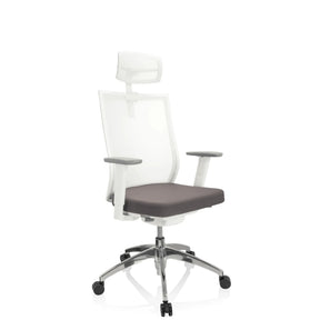 Ammattitason toimistotuoli ASPEN WHITE PRO harmaana ja valkoisena verkkoselkänojan ja niskatuen kera, valmistaja hjh OFFICE