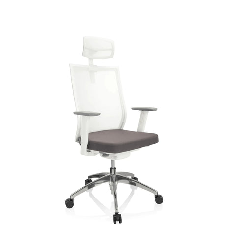 Ammattitason toimistotuoli ASPEN WHITE PRO harmaana ja valkoisena verkkoselkänojan ja niskatuen kera, valmistaja hjh OFFICE