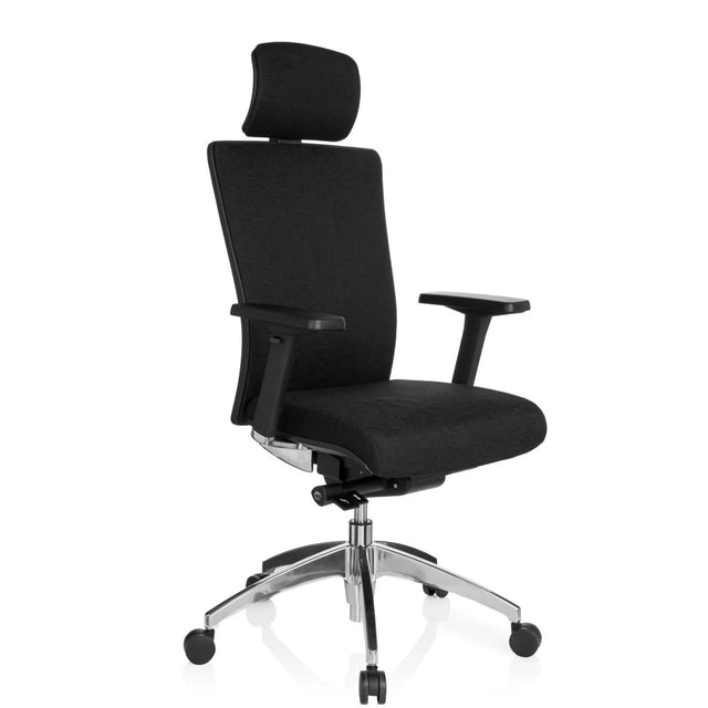 Musta Ammattitason toimistotuoli ASTRA LUX, jossa on kangasverhoilu, niskatuki ja kiiltävä jalkaristi, valmistaja hjh OFFICE
