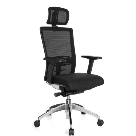 Ammattitason toimistotuoli ASTRA LUX, jossa on musta verkkopäällyste, kangasistuin ja niskatuki, valmistaja hjh OFFICE