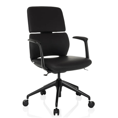 Schwarzer Profi-Bürostuhl ATMOS DESIGNER mit Lederbezug, Armlehnen und fünf Rollen von hjh OFFICE