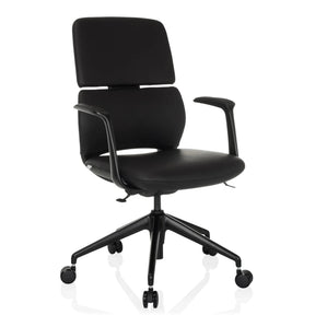 Musta Ammattitason toimistotuoli ATMOS DESIGNER nahkaverhoilulla, käsinojilla ja viidellä pyörällä, valmistaja hjh OFFICE